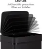 A close-up of a black sensor trash can lid opening, with text describing its soft-close feature. Produktbild-Vorschau