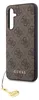 A close-up side view of a brown phone case with a repeating Guess logo pattern and a gold charm attached to a lanyard. Podgląd zdjęcia produktu