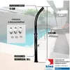 A black outdoor shower next to a swimming pool, with text overlays detailing its features and specifications. Produktbild-Vorschau