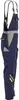 A side view of a pair of navy blue bib overalls with gray and yellow accents. Produktbild-Vorschau