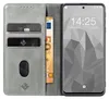 A gray flip cover phone case with card slots and a euro banknote is shown next to a smartphone displaying the time and date. Produktbild-Vorschau