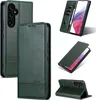 A collage of images showing a green leather phone case for a Samsung Galaxy A55 5G. Produktbild-Vorschau