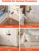 Collage of four images showing a clear acrylic side table in different settings: living room, bedroom, foyer, and bathroom. Podgląd zdjęcia produktu