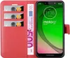 A red wallet-style phone case with a Motorola phone inside, showing credit cards and a banknote. Náhľad obrázku produktu
