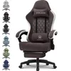 A gaming chair is shown in multiple colors on the left, with a detailed view of the brown chair in the center. Produktbild-Vorschau