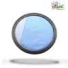 A round vacuum cleaner filter with blue and white mesh, set against a white background with a shadow. Produktbild-Vorschau
