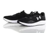A pair of black Under Armour running shoes with white soles and white logos are displayed on a reflective white surface against a white background. Produktbild-Vorschau