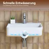 A white ceramic sink with a faucet mounted on a tiled wall, with an illustration showing water flow. Náhled obrázku produktu