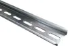 A close-up, angled view of a galvanized metal DIN rail with perforations. Produktbild-Vorschau