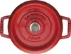 A top-down view of a red enameled cast iron pot with a silver knob on the lid. Produktbild-Vorschau