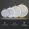 Four round mirrors of different sizes are displayed against a dark background, with text and icons below. Produktbild-Vorschau