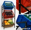 A multi-panel image showcasing a metal shelving unit designed for beverage crates and a wooden bin for produce. The shelves are filled with bottles and vegetables, demonstrating its storage capacity. Produktbild-Vorschau