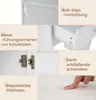 A collage of close-up images showcasing different features of a white vanity table, including its anti-tip device, drawer slides, hinges, and a padded seat. Voir les images du produit