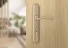 A close-up of a bronze door handle with keys inserted, set against a wooden door. The background is blurred, showing an interior space. Produktbild-Vorschau