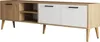 A long, low media console with a combination of wood-effect and white cabinet fronts, supported by four tapered wooden legs. Produktbild-Vorschau