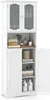 A white freestanding bathroom cabinet with glass doors and shelves, filled with various bathroom items. Produktbild-Vorschau