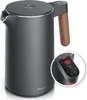 A modern electric kettle with a wood-effect handle, shown on a white background with an inset close-up of its digital display. Produktbild-Vorschau