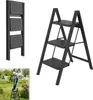 A collage of images showing a black metal step stool in different configurations and a person using it outdoors. Náhled obrázku produktu