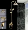 A collage of a gold shower set, showing different views and water flow, alongside a partial view of a bathroom with a textured wall and blinds. Produktbild-Vorschau