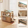 A wooden side table with drawers and shelves, shown in a room setting with a window in the background. Multiple close-up shots highlight specific features of the table. Produktbild-Vorschau