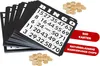 A stack of black bingo cards with white numbers and a pile of wooden bingo chips. Produktbild-Vorschau