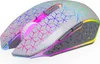 A white wireless computer mouse with a geometric pattern and colorful LED lighting. Produktbild-Vorschau
