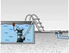 A submersible pump is shown in a swimming pool, connected to a hose that leads to a drainage system. A ladder is also visible. Podgląd zdjęcia produktu