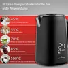 A black electric kettle is shown next to a graphic displaying different temperature settings and their uses. Produktbild-Vorschau
