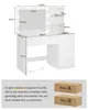 A diagram showing the dimensions of a white vanity desk with a mirror and drawers, along with text indicating that the product ships in two boxes. Voir les images du produit