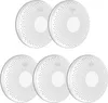 A set of five white circular smoke and carbon monoxide detectors arranged in two rows on a white background. Produktbild-Vorschau