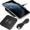 A black wireless charger with a phone on top and a USB cable next to it. Produktbild-Vorschau