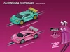 Two toy race cars, one turquoise and one pink, are shown on a pink background with text and graphics describing them as "Glamour Racer". Podgląd zdjęcia produktu