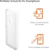 A clear phone case is shown next to marketing graphics illustrating its features. Produktbild-Vorschau
