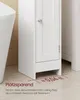 A white bathroom cabinet is shown next to a toilet, with text indicating its space-saving design. Produktbild-Vorschau