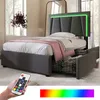A modern bedroom setting with a grey upholstered bed featuring LED lighting. Náhled obrázku produktu