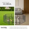 A split image showing a pet playpen with small animals on grass on the left, and a dog in a playpen indoors on the right. Text overlays describe the product. Voir les images du produit