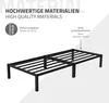 A black metal bed frame is shown from a diagonal angle, with text overlays describing its features and materials. Produktbild-Vorschau