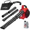 A collection of parts for a leaf blower, including the main unit, various tubes, a collection bag, and a bottle of oil, arranged on a white background. Produktbild-Vorschau