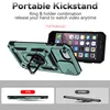 A teal iPhone case with a kickstand and camera cover is shown, along with a phone inside it. Below are comparison shots of the case. Produktbild-Vorschau