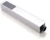 A close-up studio shot of a modern, rectangular shower head with a silver finish and gray spray plate. Voir les images du produit