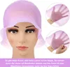 A mannequin head wearing a purple highlighting cap, with close-up insets showing how to use the cap with a hook. Produktbild-Vorschau