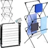 A collage of images showing a black metal drying rack in different configurations and with towels draped on it. Náhľad obrázku produktu