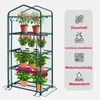 A transparent greenhouse with four shelves filled with plants, displayed next to a panel of marketing icons and text. Produktbild-Vorschau