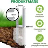 A metal post anchor embedded in the ground, with grass and soil visible. Text and icons highlight product features. Produktbild-Vorschau