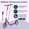 A purple scooter is shown with marketing text and icons highlighting its features. Produktbild-Vorschau