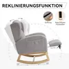 A gray rocking chair with its backrest reclined and footrest extended, shown with angle indicators and feature callouts. Podgląd zdjęcia produktu