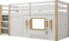 A white and wood loft bed with a ladder, door, and window. Voir les images du produit