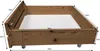 A wooden bed frame with wheels and dimensions labeled. Produktbild-Vorschau
