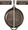 A cast iron pan is shown split down the middle, with the left side labeled 'Before Use' and the right side labeled 'After Use'. Produktbild-Vorschau