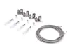 A collection of metal mounting hardware for LED panels, including screws, wall plugs, cable clips, and a coiled steel cable, arranged on a white background. Podgląd zdjęcia produktu